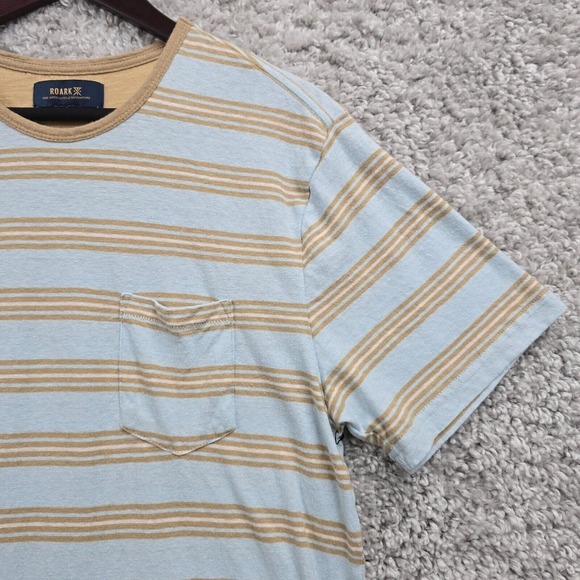 Roark Shirt Mens Large‎ Blue Brown Striped Short Sleeve Pullover Hemp Cotton - Picture 3 of 11